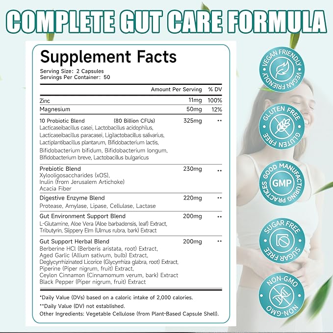 2-Pack Gut Health Capsule Supplement, Supports Microbiome, Leaky Gut, and Digestion, with 80 Billion CFU Probiotics, Prebiotics, Digestive Enzymes, 30-in-1 Gut Health Supplement, 200 Capsules