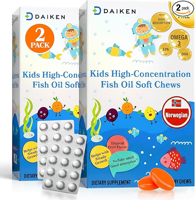 DAIKEN High Concentration Kids Fish Oil Omega-3 Gummies, No Sugar Added, Individually Wrapped, 300 mg DHA & EPA with Vitamin D3 for Kid, 30 Count, Tropical Fruit Flavor, Norwegian Sourced (Pack of 2)