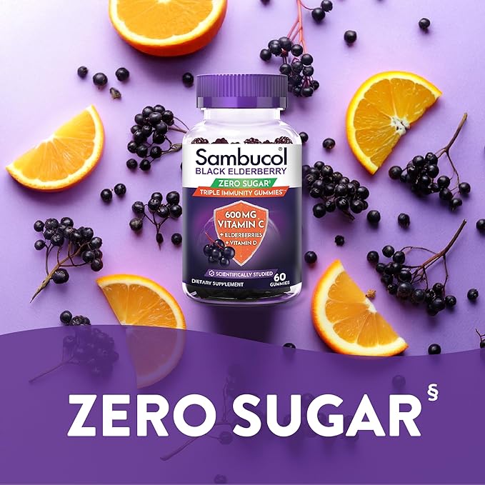 Sambucol Black Elderberry Zero Sugar Triple Immunity Gummies - Daily Vitamin C & Vitamin D, Sugar Free Black Elderberry Gummies for Adults and Kids, Chewable Berry Supplement - 60 Count