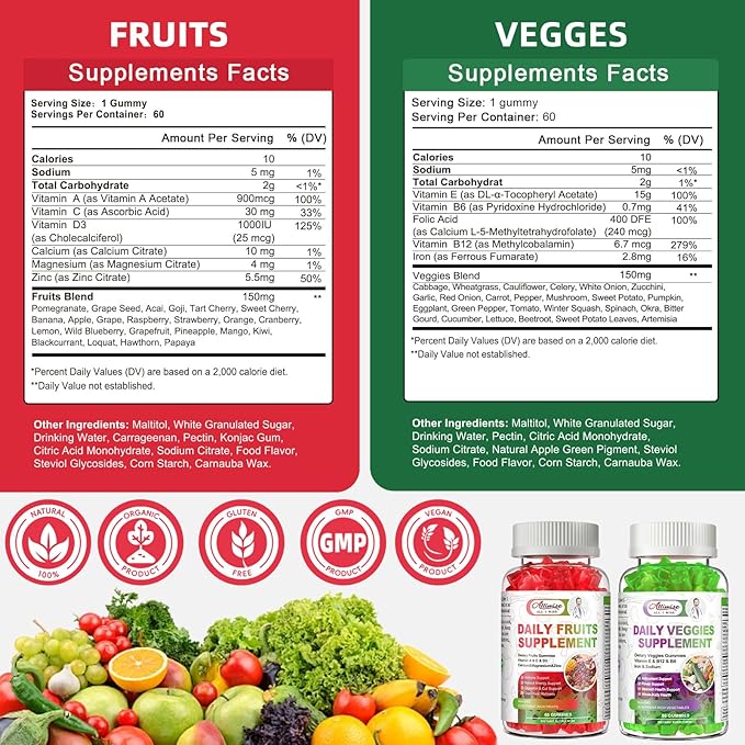 Sugar-Free Fruits & Veggies Gummies, Super Greens with 23 Fruits & 25 Veggies, Multivitamin Minerals & Fiber, Vegan Fruit & Vegetable Supplement for Adults, 120 Gummies, 2 Month Supply