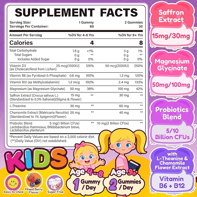 Happy Saffron Gummies for Kids Teen, Organic Saffron + Magnesium Glycinate Supplement with Probiotics, L-Theanine, Chamomile, D3, B6, B12 for Children's Focus & Mood, Calm, Sleep, Sugar Free, 120 Cts