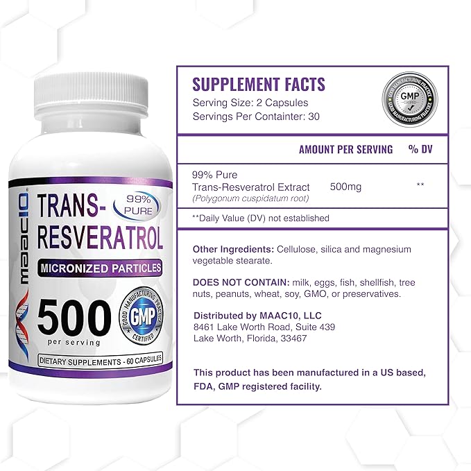 MAAC10 Trans Resveratrol 500mg Supplement (Micronized Pharmaceutical Grade 99% Pure Trans-Resveratrol Extract + BioPerine for Superior Absorption) (2X 250mg Capsules 60ct)