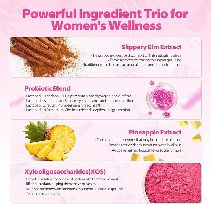 Her Juicy Feminine Probiotics Gummies with Slippery Elm Supports pH Balance Gut Health & Immune System Promote Vaginal Health for Women 120 Pineapple Gummies