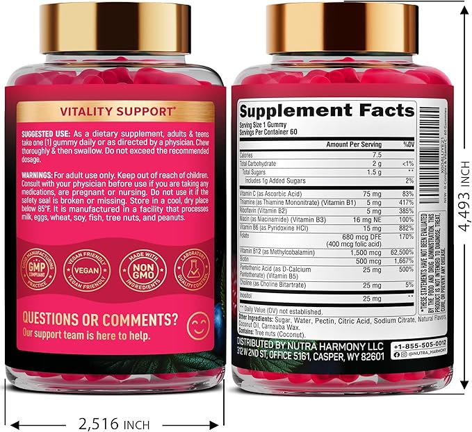 Vitamin B-Complex Gummies for Women & Men - Vitamin B12, B1, B2, B3, B5, B6, B7 & B9 - B Complex with Vitamin C & Choline - Energy, Brain & Mood - Natural Berry Flavor, Vegan - 60 Gummies 2 Pack
