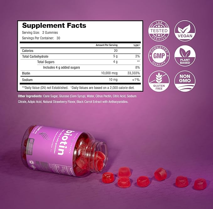 NutraChamps (2 Pack) Biotin Gummies 10,000mcg [High Potency] for Healthy Hair, Skin & Nails for Adults & Kids - 5000mcg in Each Gummy Vitamin - Vegan, Non-GMO, Pectin-Based Hair Health Supplement