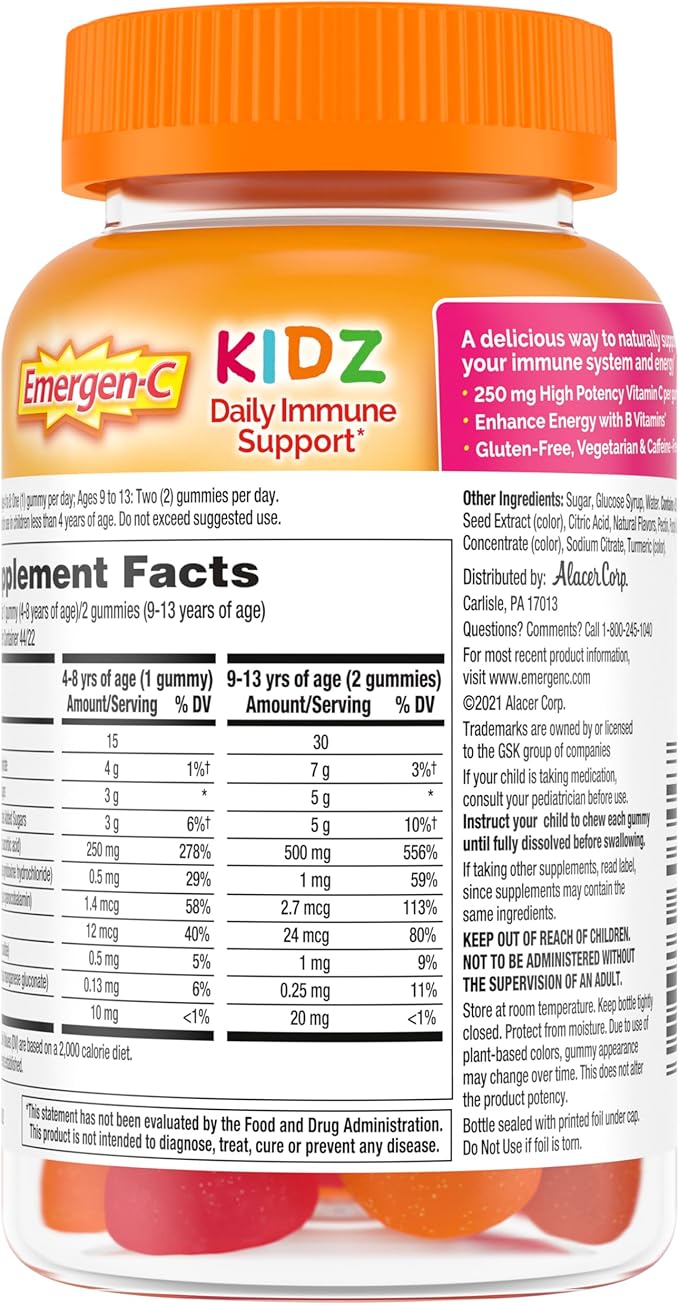 Emergen-C Kidz Daily Immune Support Dietary Supplements,Flavored Gummies with Vitamin C and B Vitamins,Fruit Fiesta Flavored Gummies -,44 Count (Pack of 2)