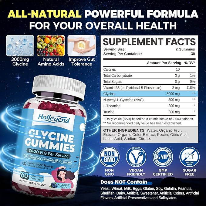 Glycine 3g Gummies, Organic L-Glycine with NAC Supplements for Sleep & Cellular Support, Plus B6, L-Theanine & Taurine for Nerve, Liver Detox & Immune Health, Sugar Free, Vegan, 60 Chews