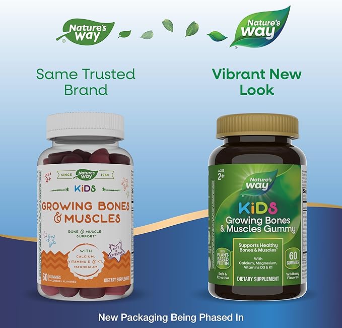 Nature's Way Kids Growing Bones & Muscles Gummy, Supports Healthy Bones & Muscles*, Calcium, Magnesium, Vitamins D3 & K1, Ages 2+, Wildberry, 60 Gummies