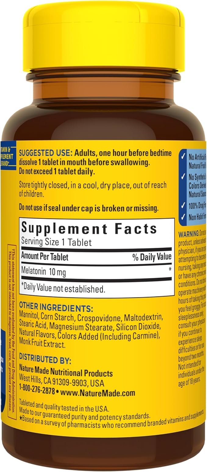 Nature Made Melatonin 10mg Fast Dissolve, Maximum Strength Nighttime Sleep Aid for Adults, 100% Drug-Free, 45 Tablets