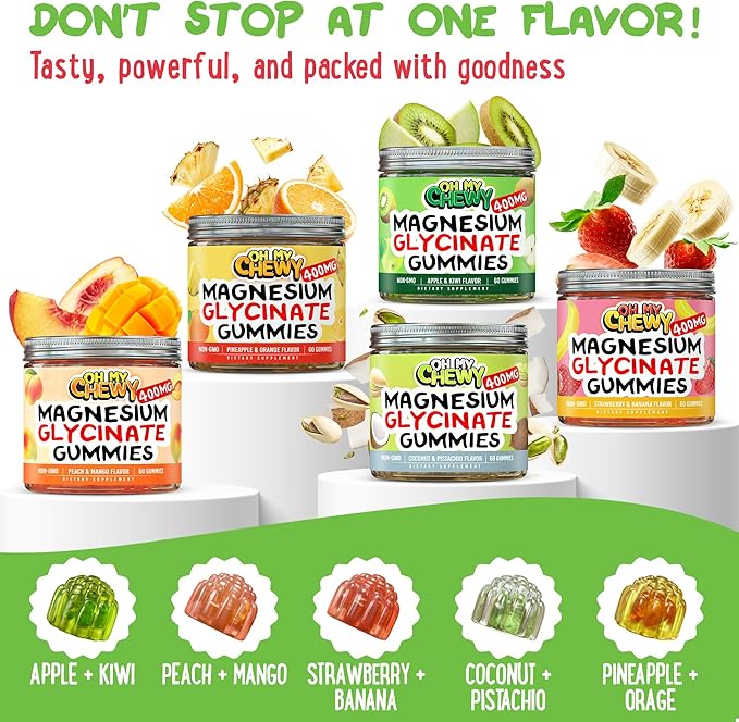 Center-Filled Magnesium Glycinate Gummies 400MG - High Absorption for Kids, Teens & Adults - Supplement for Sleep, Calm & Muscle Relaxation with B6 & D3 - Gluten Free & Vegan Friendly - 120 Count