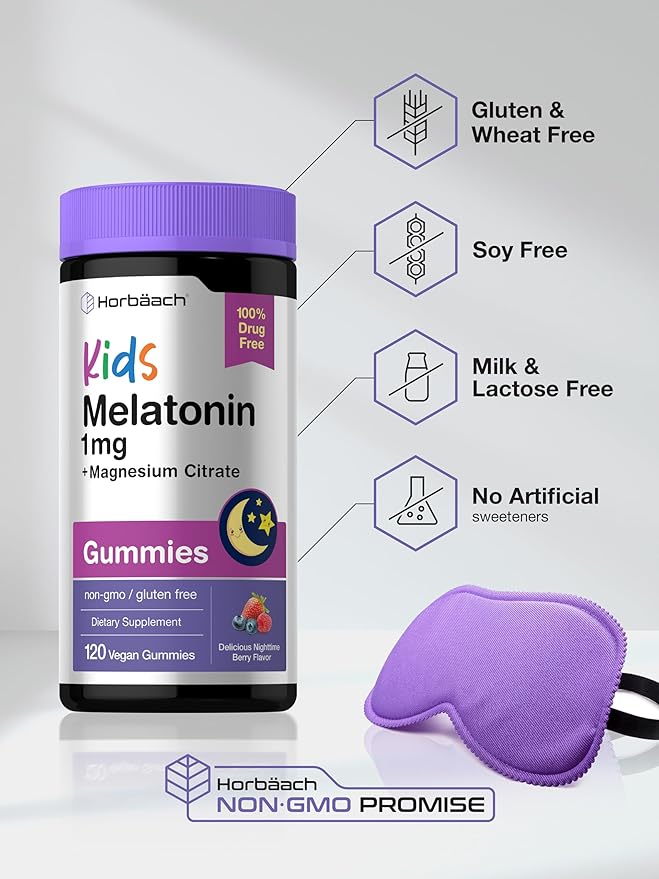Horbaach Kids Melatonin & Magnesium | 120 Vegan Gummies | Berry Flavor | 100% Drug Free | Non-GMO and Gluten Free
