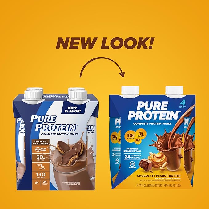 Pure Protein Complete Shake, Chocolate Peanut Butter, 30g High Protein-Drink, Less than 1g Sugar, 3g Fiber, Ready to Drink, Non GMO, On-the-Go Shakes, 11oz Bottles, (Pack of 24)