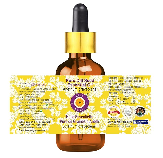 dève herbes Pure Dill Seed Essential Oil (Anethum graveolens) with Glass Dropper Steam Distilled 5ml (0.16 oz)