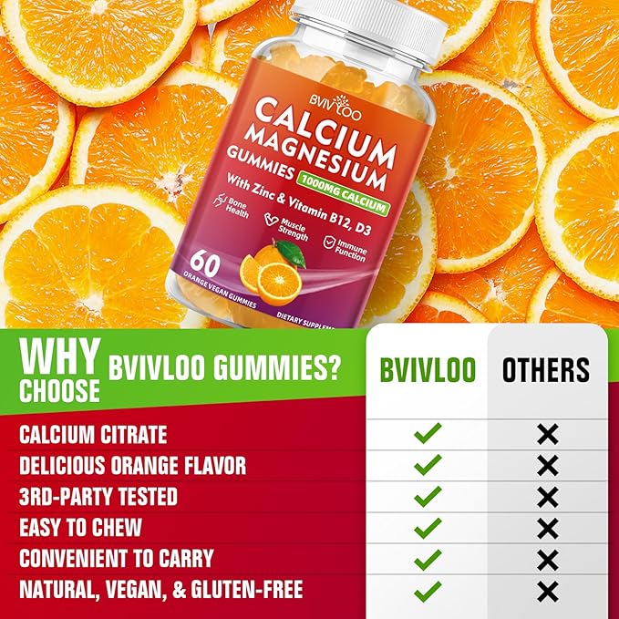 Calcium Gummies 1000mg with Vitamin D3 K2 & B Complex, Potassium, Calcium Magnesium Zinc Gummies for Bone, Muscle, Mood and Immunity - Orange Flavor 60 Gummies