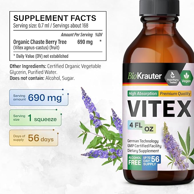 BIO KRAUTER® Vitex Chasteberry Supplement for Women & Menopause Support* - 4 Fl.Oz 56 Days of Supply - Pure Vegan Vitex Berry Tincture - Alcohol & Sugar Free, Non-GMO - Relaxation & Women's Wellness*