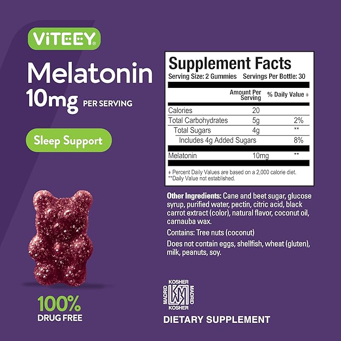 Viteey Melatonin Gummies 10mg - Sleep Gummies for Adults Extra Strength Melatonin - Vegan, GMO Free, Gluten Free - 60 Count
