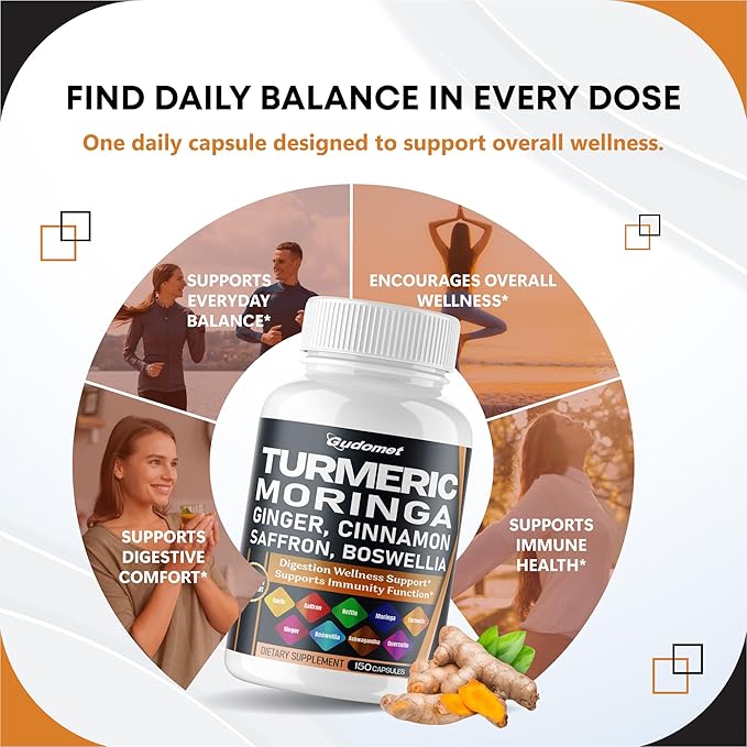 Turmeric Moringa Ginger Boswellia Quercetin Cinnamon Saffron Tart Cherry Odorless Garlic Nettle -150 Capsules