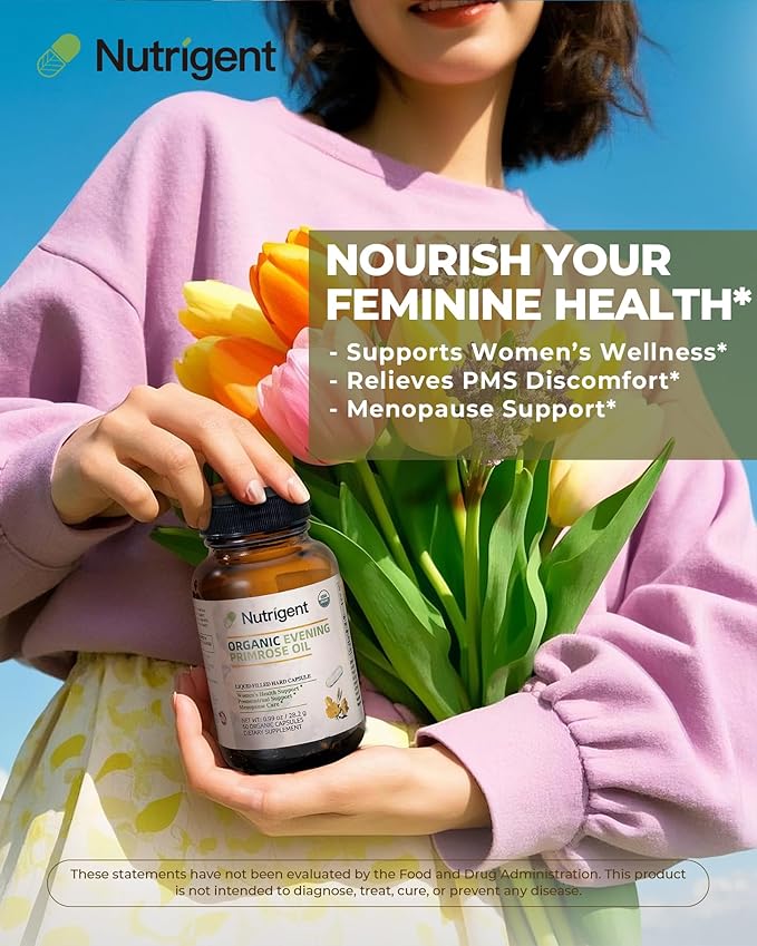 Organic Evening Primrose Oil Supplement, 940 mg 100% Pure with 10% GLA, High Absorption Liquid Organic Capsules, Promotes Women's Health & Skin Health, Cold Pressed, 60 Count