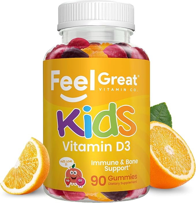 Feel Great Kids Vitamin D3 1000 IU | Kids Vitamin D Gummies for Healthy Bones, Mood, & Immune Support | Citrus Flavored Vegetarian D3 Gummies | 90 Day Supply