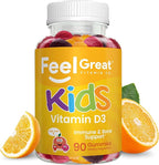 Feel Great Kids Vitamin D3 1000 IU | Kids Vitamin D Gummies for Healthy Bones, Mood, & Immune Support | Citrus Flavored Vegetarian D3 Gummies | 90 Day Supply