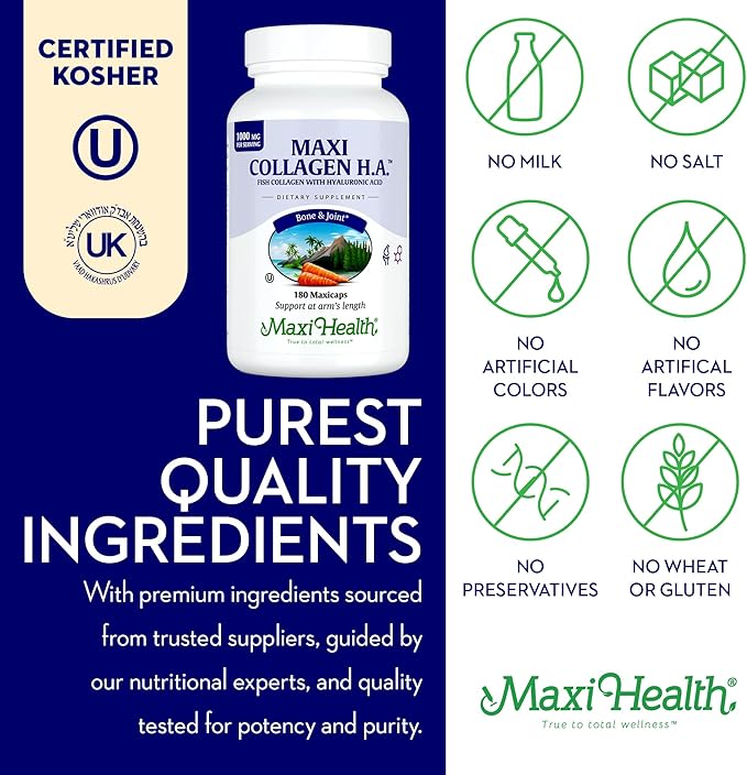 Maxi Health Marine Collagen Pills – 1000 mg Type 1 Collagen for Women & Men with Hyaluronic Acid Supplement for Joint & Skin Support – Unflavored, Clean Kosher Capsules (180 Maxicaps)