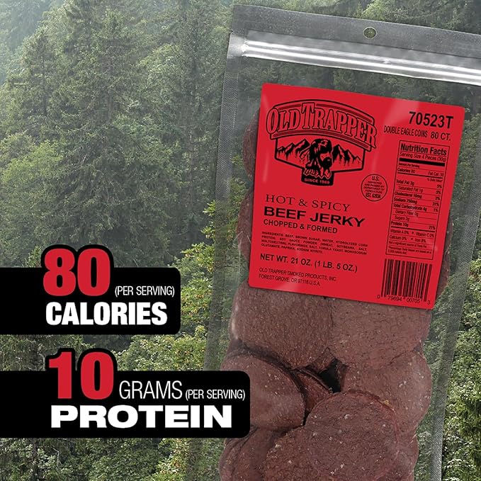 Old Trapper Double Eagle Beef Jerky,Hot & Spicy Flavor,21 Ounce Package,Natural Wood Smoked Meat Snacks,10 Grams Protein and 80 Calories per Serving,(Pack of 2)