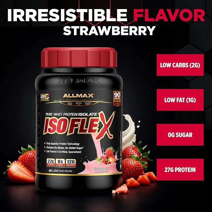 ALLMAX ISOFLEX Pure Whey Isolate Protein Powder - Gluten Free, Low Lactose, Sugar-Free - High-Protein, Clean, Keto-Friendly, Pre Post Workout Supplement for Women and Men | Strawberry, 2lb