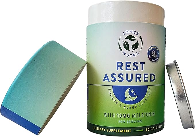 Rest Assured, Nighttime Sleep Support Supplement with Melatonin, Magnesium, Chamomile, Passion Flower, St John's Wort, Ashwaganda, L-Theanine, L-Taurine, Eco-Friendly Packaging, 30 day supply