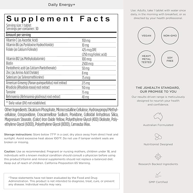JSHealth Daily Energy Supplement. Once Daily Energy Vitamins for Women with American Ginseng, Rhodiola, B Vitamins, Vitamin C, Zinc. Supports Stamina and Stress. Vegan (30 Tablets)