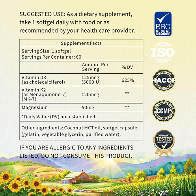 Vitamin D3 K2 5000 IU 60 Softgels with Magnesium Supplement - & 120mcg MK-7 K2 for Bone Health & Immune Support - Non-GMO & Gluten-Free Softgels with MCT Oil