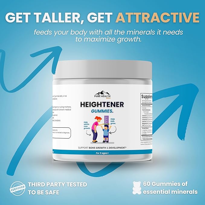 Heightener Gummies - Natural Height Growth Supplement for Kids, Teens and Adults to Increase Bone Strength and Grow Tall | Height Maximizer Pills with L-Arginine, Calcium & Zinc | 60 Gummy
