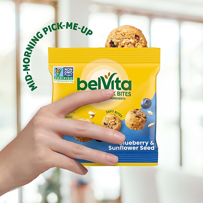 belVita Energy Snack Bites Variety Pack, Banana Dark Chocolate & Sunflower Seed, Blueberry & Sunflower Seed, 15 Snack Packs