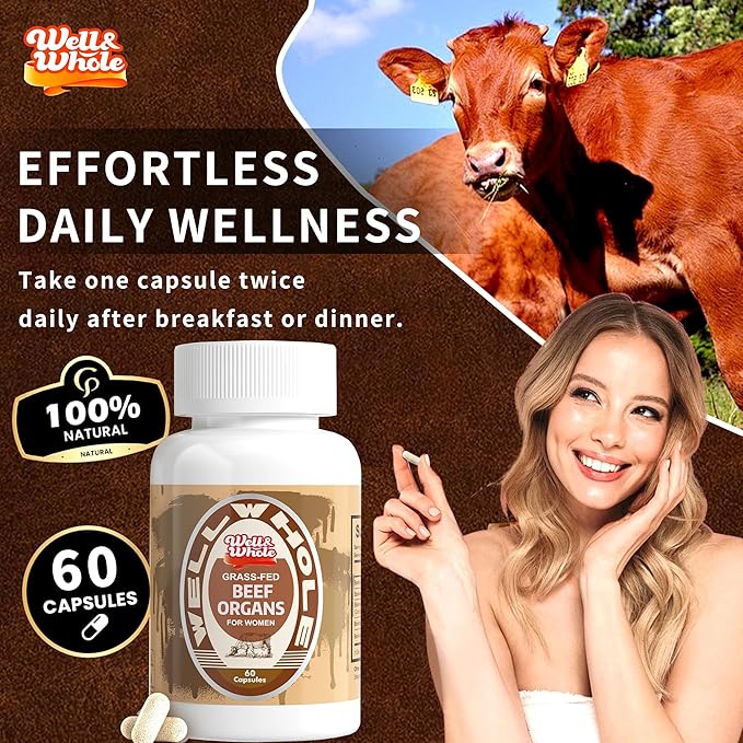 Well&Whole Grassfed Beef Organ Supplement Capsules, Organic Female & Male Bovine Organ Complex, Grass Fed & Pasture Raised, Total Body Wellness Support, 60 Capsules, 60 Days Supply