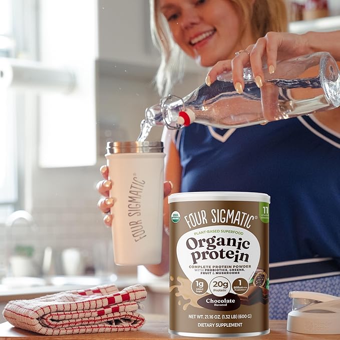 Four Sigmatic Organic Plant-Based Protein Powder | Clean Vegan Protein Elevated with Lion’s Mane, Chaga, Cordyceps and More for Brain Function and Immune Support | Creamy Cacao, 21.16 oz