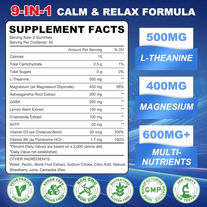 180 Count | L Theanine Gummies, L Theanine Supplement for Adults & Kids, w/Ashwagandha, Magnesium, GABA & 5-HTP, Sugar Free Liposomal Formula for Calm Relax zzZ M♡♡d & Focus, Vegan