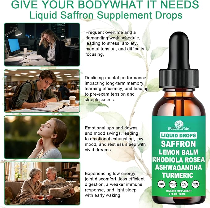 Saffron Supplements Liquid Drops- 88.5mg Pure Saffron Extract for Stress Relief & Calm Mood Support丨Advance 8-in-1 liquid Saffron w. Ashwagandha & Rhodiola Rosea, Fast Absorption Than Saffron Gummies