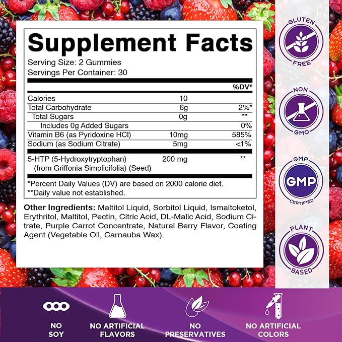 Vitamatic Sugar Free 5-HTP 200mg Gummies with B6 – 60 Pectin-Based Gummies – Mood Support & Stress Relief