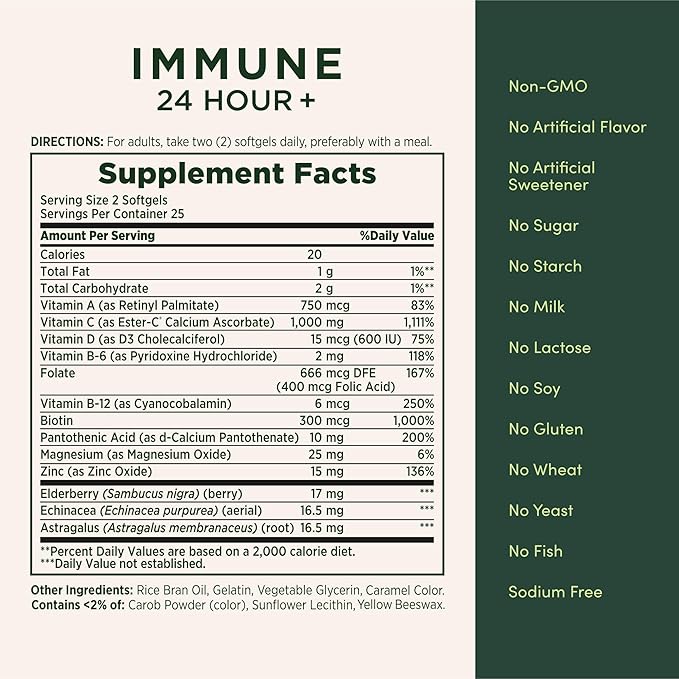 Nature's Bounty Immune 24 Hour +, The only Vitamin C with 24 Hour Immune Support from Ester-C, 1000 mg Vitamin C, D & Zinc, Gluten Free, Rapid Release Softgels, 2 Softgels per Day, 50 Count