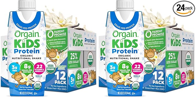 Orgain Organic Kids Nutritional Protein Shake, Vanilla, Healthy Kids Snacks, 8g Dairy Protein, 3g Fiber, 22 Vitamins & Minerals, No Soy ingredients, Gluten Free, Non-GMO, 8.25 Fl Oz (Pack of 24)