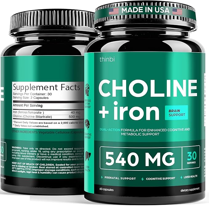 Choline 500mg Prenatal Supplement with Iron 40mg – Prenatal Vitamins for Women – Pregnancy Brain, Memory & Cognitive Support – Ferrous Fumarate, Vegan – 30 Servings