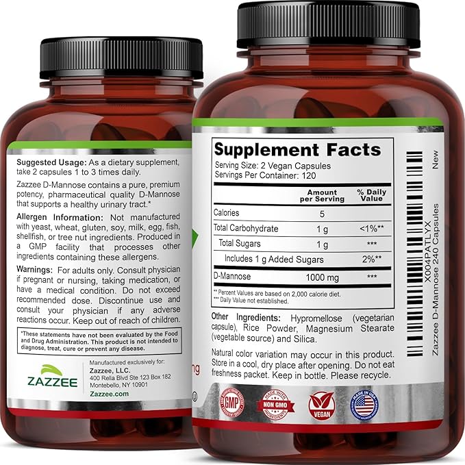 Zazzee D-Mannose, 1000 mg per Serving, 240 Vegan Capsules, 4 Month Supply, Potent & Fast-Acting, Certified Kosher, 100% Pure, All-Natural Urinary Tract Health Support, 100% Vegetarian, Non-GMO