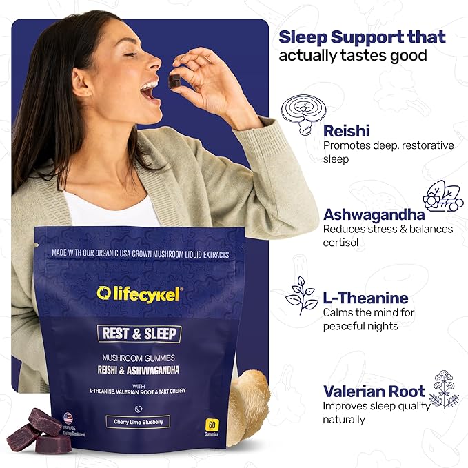 PM Rest & Sleep Mushroom Gummies, 60 Count - L-theanine Supplement with Reishi, Ashwagandha, Valerian Root & Tart Cherry for Natural Relaxation, Mood & Improved Sleep - Vegan, Non-GMO