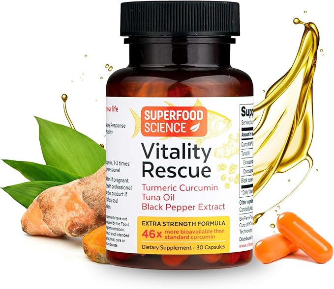 Vitality Rescue Omega 3 with Turmeric Curcumin Supplement, Fish Oil DHA EPA with BioPerine & CurcuWin 46X Absorption, Supports Joint, Muscle, Heart & Brain Health, 30 Capsules