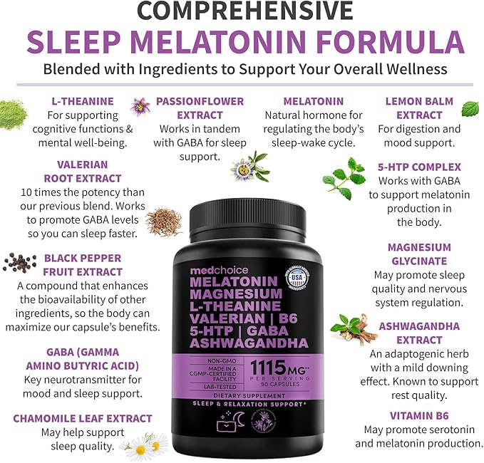 12-in-1 Melatonin Sleep Capsules - Natural Sleep Aids for Adults with Melatonin 5mg and Magnesium Glycinate 500mg, Sleep Aid with Ashwagandha, L Theanine, Valerian Root, GABA, 5-HTP (90ct, Pack of 4)