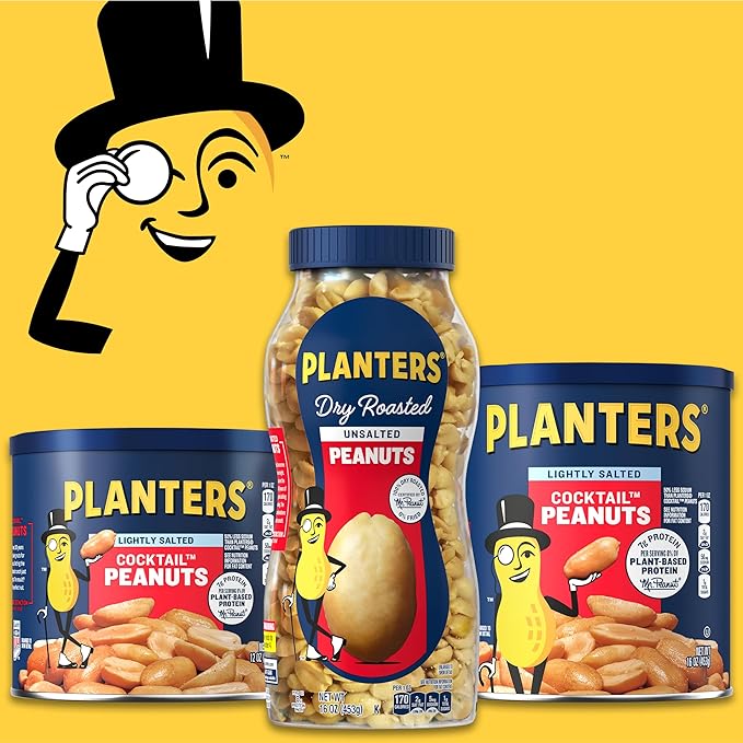 PLANTERS Dry Roasted Peanuts, Plant-Based Protein, Lightly Salted, Peanut Snack, 16 Oz Jar