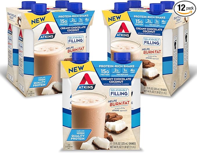 Atkins Creamy Chocolate Coconut Protein Shake, 15g Protein, 2g Net Carbs, 1g Sugar, Keto Friendly, 12 Count
