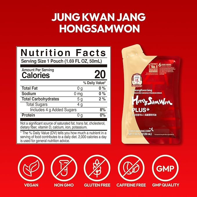 JUNG KWAN JANG US HongSamWon Plus - Korean Red Ginseng Tea, Pre and Post Workout Herbal Energy Drink with Jujube & Reishi Mushroom - Caffeine Free, Gluten Free, Non-GMO (30 Pouches, 1.69 fl oz)