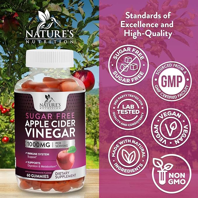 Apple Cider Vinegar Gummies for Weight Loss, Zero Sugar - Apple Cider Vinegar Powder 1000mg Per Serving - Vegan Apple Cider Vinegar Gummy for Detox & Cleanse - Sugar Free ACV Supplement - 60 Gummies