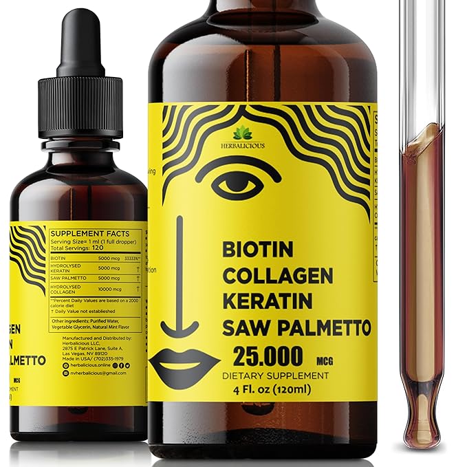 Liquid Biotin Collagen Keratin 4fl oz Liquid Supplements for Women - Comprehensive Formula Hair Skin Nails Supplement with 10000mcg Collagen 5000 mcg Biotin 5000 mcg Keratin 5000 mcg Saw Palmetto
