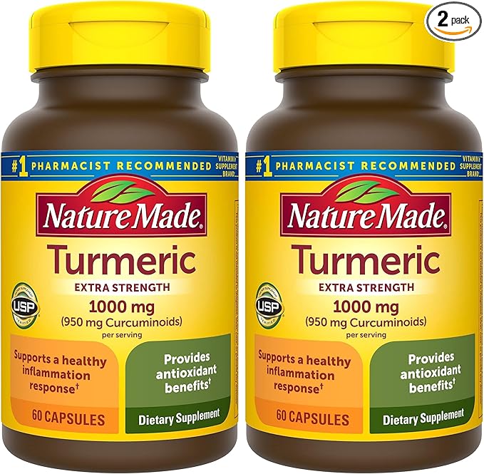Nature Made Extra Strength Turmeric Curcumin with Black Pepper,1000mg Turmeric Extract per Serving (Standardized to 95% Curcuminoids),Supports Healthy Inflammation Response,60 Capsules,(Pack of 2)